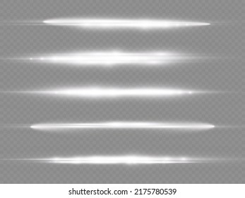 Horizontal light rays, flash white horizontal lens flares pack, laser beams, glow white line on transparent background, beautiful light flare, bright glare, vector illustration, eps 10.