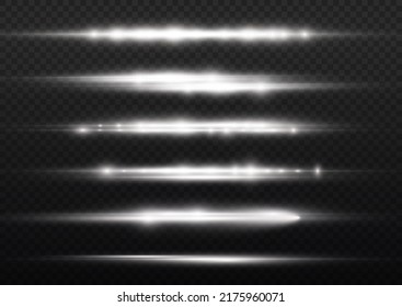 Horizontal light rays, flash white horizontal lens flares pack, laser beams, glow white line on transparent background, beautiful light flare, bright glare, vector illustration, eps 10.