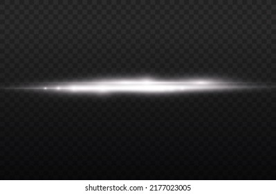 Horizontal light rays, flash white horizontal lens flares pack, laser beams, glow white line on transparent background, beautiful light flare, bright glare, vector illustration, eps 10.