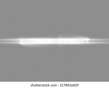 Horizontal light rays, flash white horizontal lens flares pack, laser beams, glow white line on transparent background, beautiful light flare, bright glare, vector illustration, eps 10.