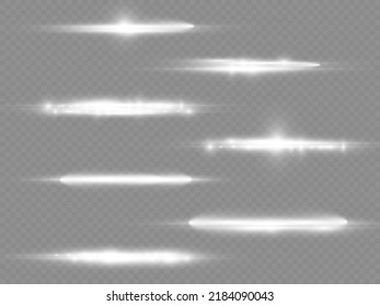 Horizontal light rays, flash white horizontal lens flares pack, laser beams, glow white line on transparent background, beautiful light flare, bright glare, vector illustration, eps 10.