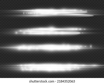 Horizontal light rays, flash white horizontal lens flares pack, laser beams, glow white line on transparent background, beautiful light flare, bright glare, vector illustration, eps 10.