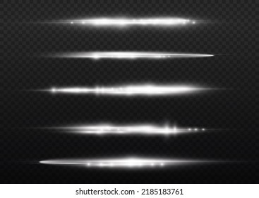 Horizontal light rays, flash white horizontal lens flares pack, laser beams, glow white line on transparent background, beautiful light flare, bright glare, vector illustration, eps 10.