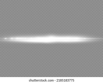 Horizontal light rays, flash white horizontal lens flares pack, laser beams, glow white line on transparent background, beautiful light flare, bright glare, vector illustration, eps 10.