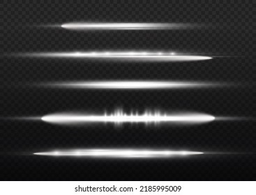 Horizontal light rays, flash white horizontal lens flares pack, laser beams, glow white line on transparent background, beautiful light flare, bright glare, vector illustration, eps 10.