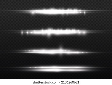 Horizontal light rays, flash white horizontal lens flares pack, laser beams, glow white line on transparent background, beautiful light flare, bright glare, vector illustration, eps 10.