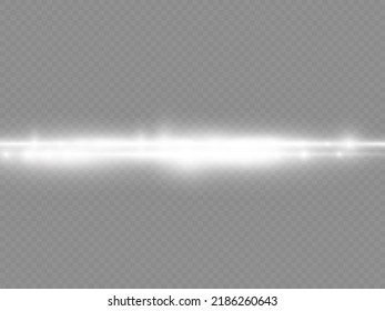 Horizontal light rays, flash white horizontal lens flares pack, laser beams, glow white line on transparent background, beautiful light flare, bright glare, vector illustration, eps 10.