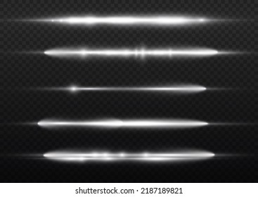 Horizontal light rays, flash white horizontal lens flares pack, laser beams, glow white line on transparent background, beautiful light flare, bright glare, vector illustration, eps 10.