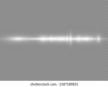 Horizontal light rays, flash white horizontal lens flares pack, laser beams, glow white line on transparent background, beautiful light flare, bright glare, vector illustration, eps 10.