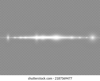 Horizontal light rays, flash white horizontal lens flares pack, laser beams, glow white line on transparent background, beautiful light flare, bright glare, vector illustration, eps 10.