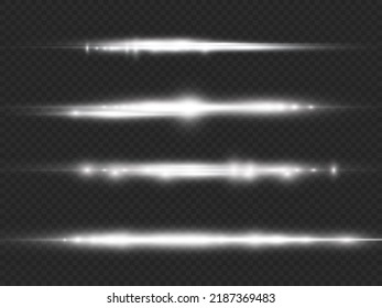 Horizontal light rays, flash white horizontal lens flares pack, laser beams, glow white line on transparent background, beautiful light flare, bright glare, vector illustration, eps 10.
