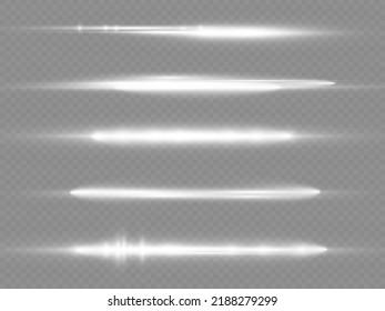 Horizontal light rays, flash white horizontal lens flares pack, laser beams, glow white line on transparent background, beautiful light flare, bright glare, vector illustration, eps 10.