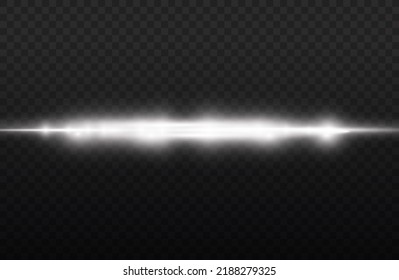Horizontal light rays, flash white horizontal lens flares pack, laser beams, glow white line on transparent background, beautiful light flare, bright glare, vector illustration, eps 10.
