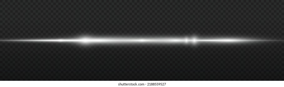 Horizontal light rays, flash white horizontal lens flares pack, laser beams, glow white line on transparent background, beautiful light flare, bright glare, vector illustration, eps 10.