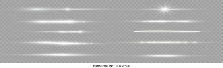 Horizontal light rays, flash white horizontal lens flares pack, laser beams, glow white line on transparent background, beautiful light flare, bright glare, vector illustration, eps 10.