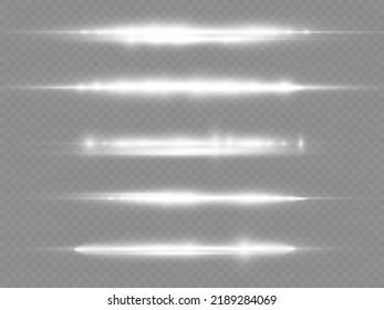 Horizontal light rays, flash white horizontal lens flares pack, laser beams, glow white line on transparent background, beautiful light flare, bright glare, vector illustration, eps 10.