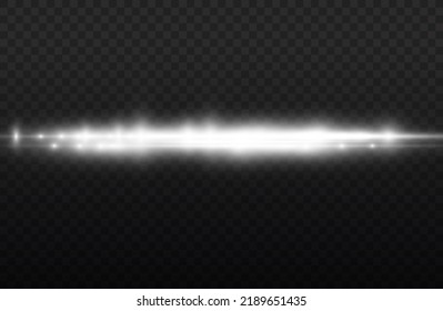 Horizontal light rays, flash white horizontal lens flares pack, laser beams, glow white line on transparent background, beautiful light flare, bright glare, vector illustration, eps 10.