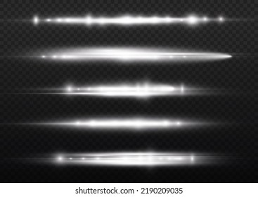 Horizontal light rays, flash white horizontal lens flares pack, laser beams, glow white line on transparent background, beautiful light flare, bright glare, vector illustration, eps 10.