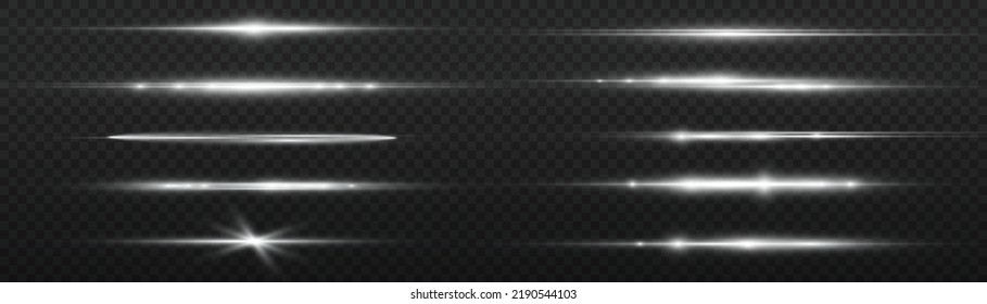 Horizontal light rays, flash white horizontal lens flares pack, laser beams, glow white line on transparent background, beautiful light flare, bright glare, vector illustration, eps 10.