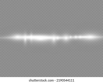 Horizontal light rays, flash white horizontal lens flares pack, laser beams, glow white line on transparent background, beautiful light flare, bright glare, vector illustration, eps 10.