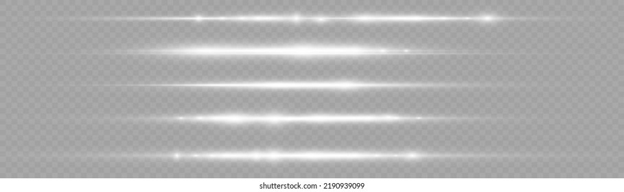 Horizontal light rays, flash white horizontal lens flares pack, laser beams, glow white line on transparent background, beautiful light flare, bright glare, vector illustration, eps 10.