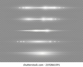 Horizontal light rays, flash white horizontal lens flares pack, laser beams, glow white line on transparent background, beautiful light flare, bright glare, vector illustration, eps 10.