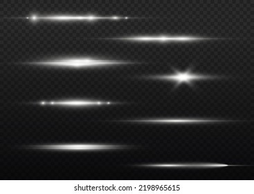 Horizontal light rays, flash white horizontal lens flares pack, laser beams, glow white line on transparent background, beautiful light flare, bright gold glare, vector illustration, eps 10. 