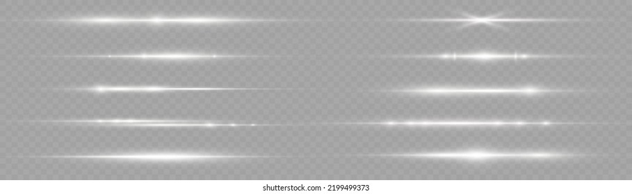 Horizontal light rays, flash white horizontal lens flares pack, laser beams, glow white line on transparent background, beautiful light flare, bright gold glare, vector illustration, eps 10. 