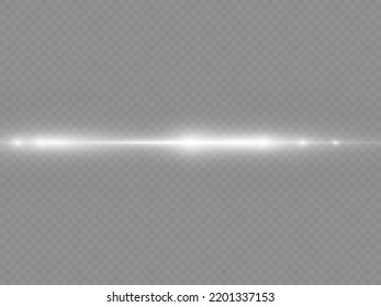 Horizontal light rays, flash white horizontal lens flares pack, laser beams, glow white line on transparent background, beautiful light flare, bright gold glare, vector illustration, eps 10. 