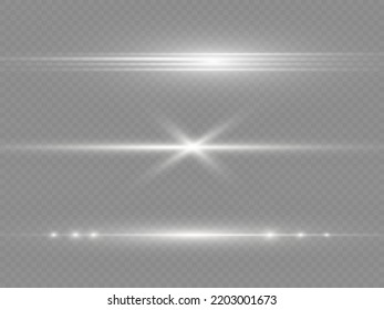 Horizontal light rays, flash white horizontal lens flares pack, laser beams, glow white line on transparent background, beautiful light flare, bright gold glare, vector illustration, eps 10. 