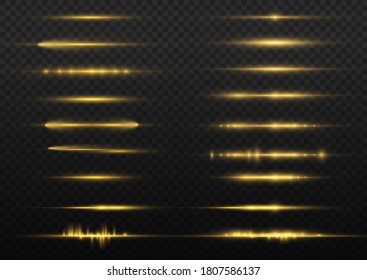 Horizontal light rays, flash yellow horizontal lens flares pack, laser beams, glow yellow line on transparent background, beautiful light flare, bright gold glare, vector illustration, eps 10. 