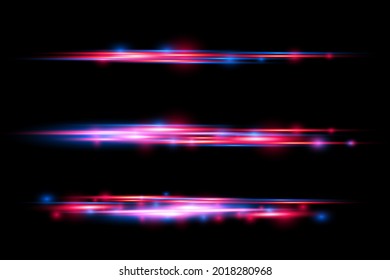 Horizontal light rays, flash yellow horizontal lens flares pack, laser beams, glow white line on transparent background, beautiful light flare, bright gold glare, vector illustration, eps 10. 