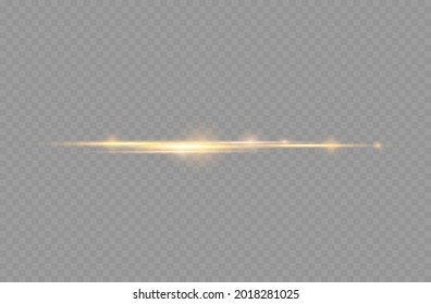 Horizontal light rays, flash yellow horizontal lens flares pack, laser beams, glow yellow line on transparent background, beautiful light flare, bright gold glare, vector illustration, eps 10. 