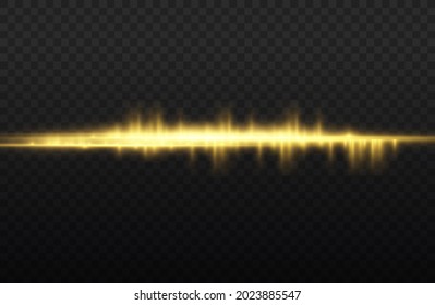 Horizontal light rays, flash yellow horizontal lens flares pack, laser beams, glow yellow line on transparent background, beautiful light flare, bright gold glare, vector illustration, eps 10. 