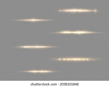 Horizontal light rays, flash yellow horizontal lens flares pack, laser beams, glow yellow line on transparent background, beautiful light flare, bright gold glare, vector illustration, eps 10. 