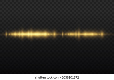 Horizontal light rays, flash yellow horizontal lens flares pack, laser beams, glow yellow line on transparent background, beautiful light flare, bright gold glare, vector illustration, eps 10. 