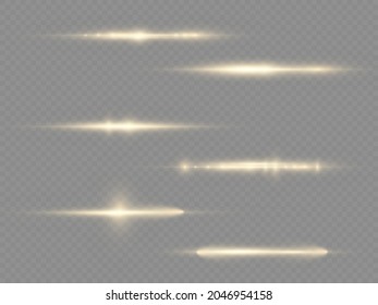 Horizontal light rays, flash yellow horizontal lens flares pack, laser beams, glow yellow line on transparent background, beautiful light flare, bright gold glare, vector illustration, eps 10. 