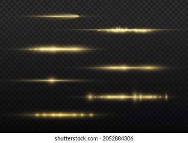Horizontal light rays, flash yellow horizontal lens flares pack, laser beams, glow yellow line on transparent background, beautiful light flare, bright gold glare, vector illustration, eps 10. 