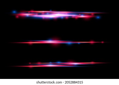 Horizontal light rays, flash yellow horizontal lens flares pack, laser beams, glow white line on transparent background, beautiful light flare, bright gold glare, vector illustration, eps 10. 