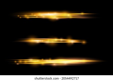 Horizontal light rays, flash yellow horizontal lens flares pack, laser beams, glow yellow line on black background, beautiful light flare, bright gold glare, vector illustration, eps 10. 