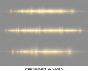 Horizontal light rays, flash yellow horizontal lens flares pack, laser beams, glow yellow line on transparent background, beautiful light flare, bright gold glare, vector illustration, eps 10. 