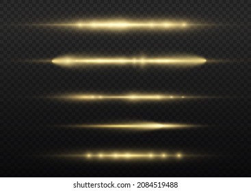 Horizontal light rays, flash yellow horizontal lens flares pack, laser beams, glow yellow line on transparent background, beautiful light flare, bright gold glare, vector illustration, eps 10.