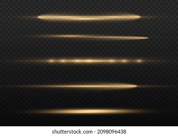 Rayos horizontales de luz, lente horizontal de amarillo brillante, vigas láser, línea amarilla brillante sobre fondo transparente, bella bombilla, resplandor dorado brillante, ilustración vectorial, eps 10. 