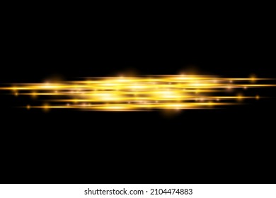 Horizontal light rays, flash yellow horizontal lens flares pack, laser beams, glow yellow line on black background, beautiful light flare, bright gold glare, vector illustration, eps 10.