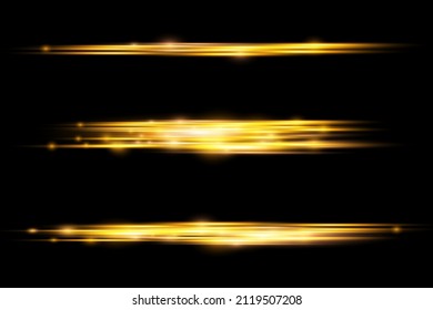 Rayos horizontales de luz, lente horizontal de amarillo brillante, vigas láser, línea amarilla brillante sobre fondo negro, bella bombilla, resplandor dorado brillante, ilustración vectorial, eps 10.