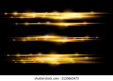 Horizontal light rays, flash yellow horizontal lens flares pack, laser beams, glow yellow line on black background, beautiful light flare, bright gold glare, vector illustration, eps 10.