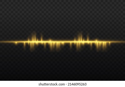 Horizontal light rays, flash yellow horizontal lens flares pack, laser beams, glow yellow line on transparent background, beautiful light flare, bright gold glare, vector illustration, eps 10.