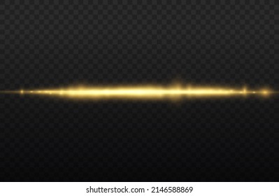 Horizontal light rays, flash yellow horizontal lens flares pack, laser beams, glow yellow line on transparent background, beautiful light flare, bright gold glare, vector illustration, eps 10.