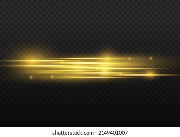 Horizontal light rays, flash yellow horizontal lens flares pack, golden laser beams, glow yellow line on transparent background, beautiful light flare, bright gold glare, vector illustration, eps 10.