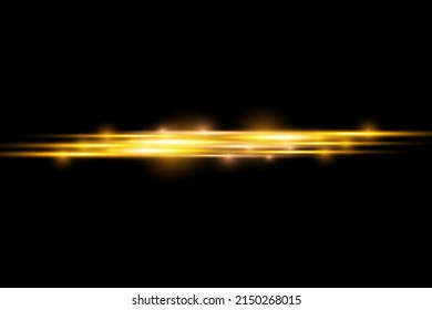 Horizontal light rays, flash yellow horizontal lens flares pack, laser beams, glow yellow line on black background, beautiful light flare, bright gold glare, vector illustration, eps 10.